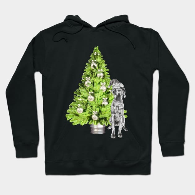 Great Dane Christmas Scene with Christmas tree and Santa hat. Hoodie by NikkiBear67